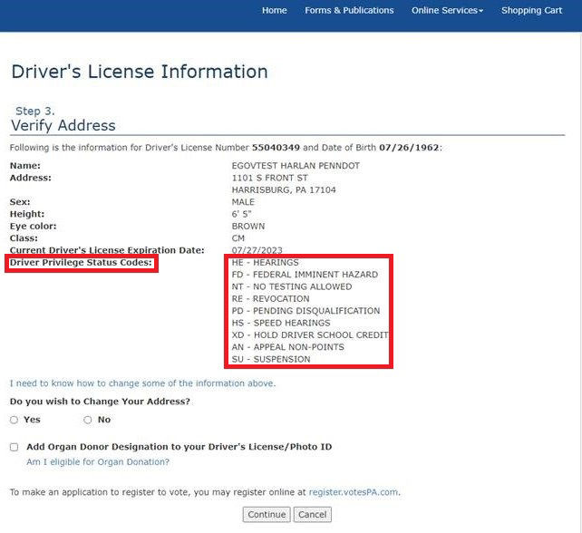 Screenshot of the driver's license information page. Red boxes highlight the text that shows any driver privilege status codes