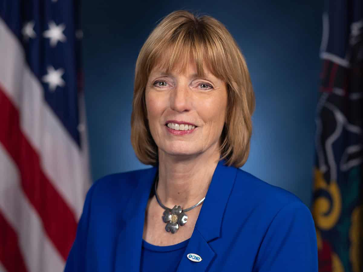 Official Portrait of DCNR Secretary Cindy Adams Dunn wearing a blue suit in front of American and Pennsylvania flags