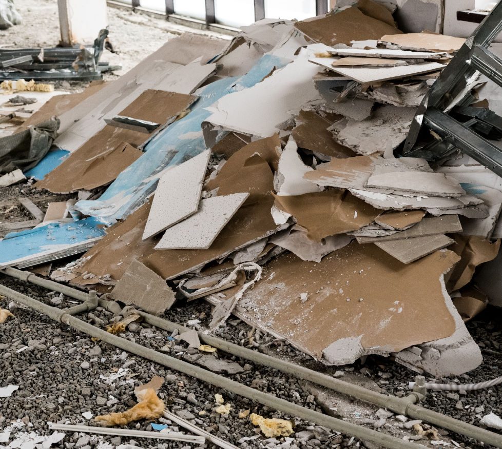 Rubble and debris scattered on the ground after a serious earthquake.