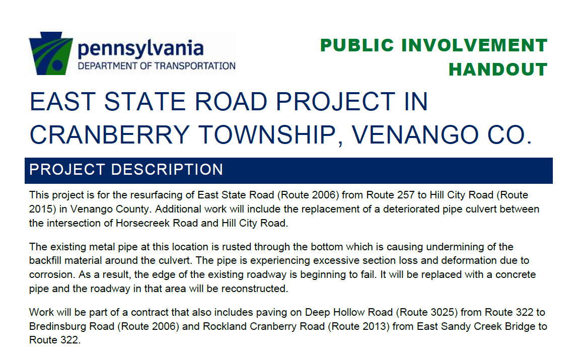 First page of the East State Road Project in Cranberry Township, Venango Co. handout.