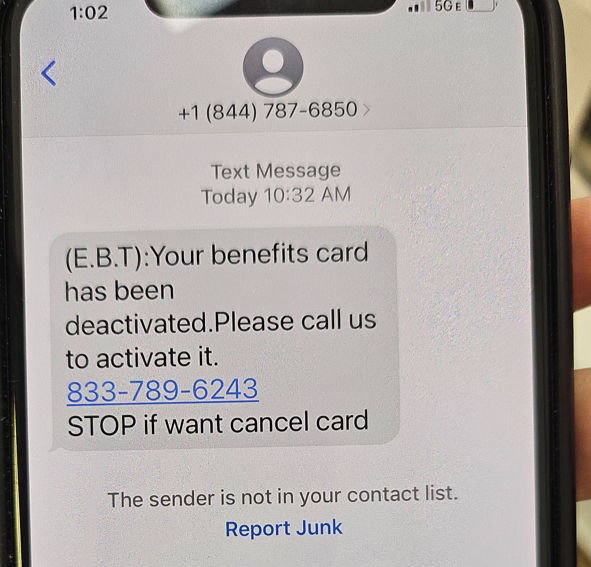 Image showing a potentially fraudulent text message about DHS benefits