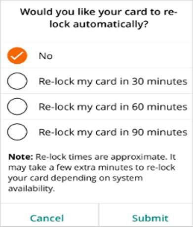 EBT auto re-lock options include: No; Re-lock my card in 30 minutes; Re-lock my card in 60 minutes; Re-lock my card in 90 minutes. Note: Re-lock times are approximate. It may take a few extra minutes to re-lock your card depending on system availability.