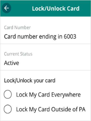 EBT Lock/Unlock Card options including: Card number; Current Status; Lock/Unlock your card.