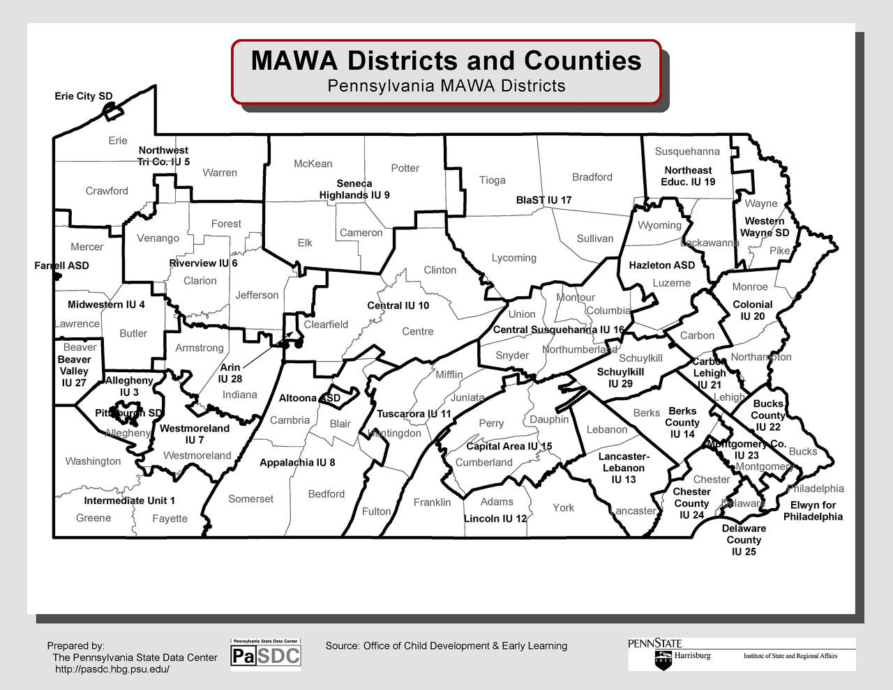 Black-and-white map of Pennsylvania titled ‘MAWA Districts and Counties.’ The map outlines county boundaries and overlays Pennsylvania MAWA (Mutually Agreed upon Written Arrangement) districts, each labeled with district names and IU numbers. Major districts include Northwest Tri-Co IU 5, Riverview IU 6, Allegheny IU 3, Capital Area IU 15, Lancaster-Lebanon IU 13, Bucks County IU 22, and Delaware County IU 25. Cities such as Erie, Pittsburgh, Altoona, and Philadelphia are labeled. The map shows how MAWA districts correspond to groups of counties across the state.