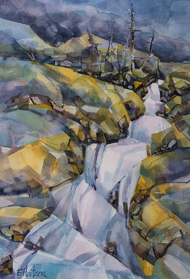 geometric landscape in blues and greens