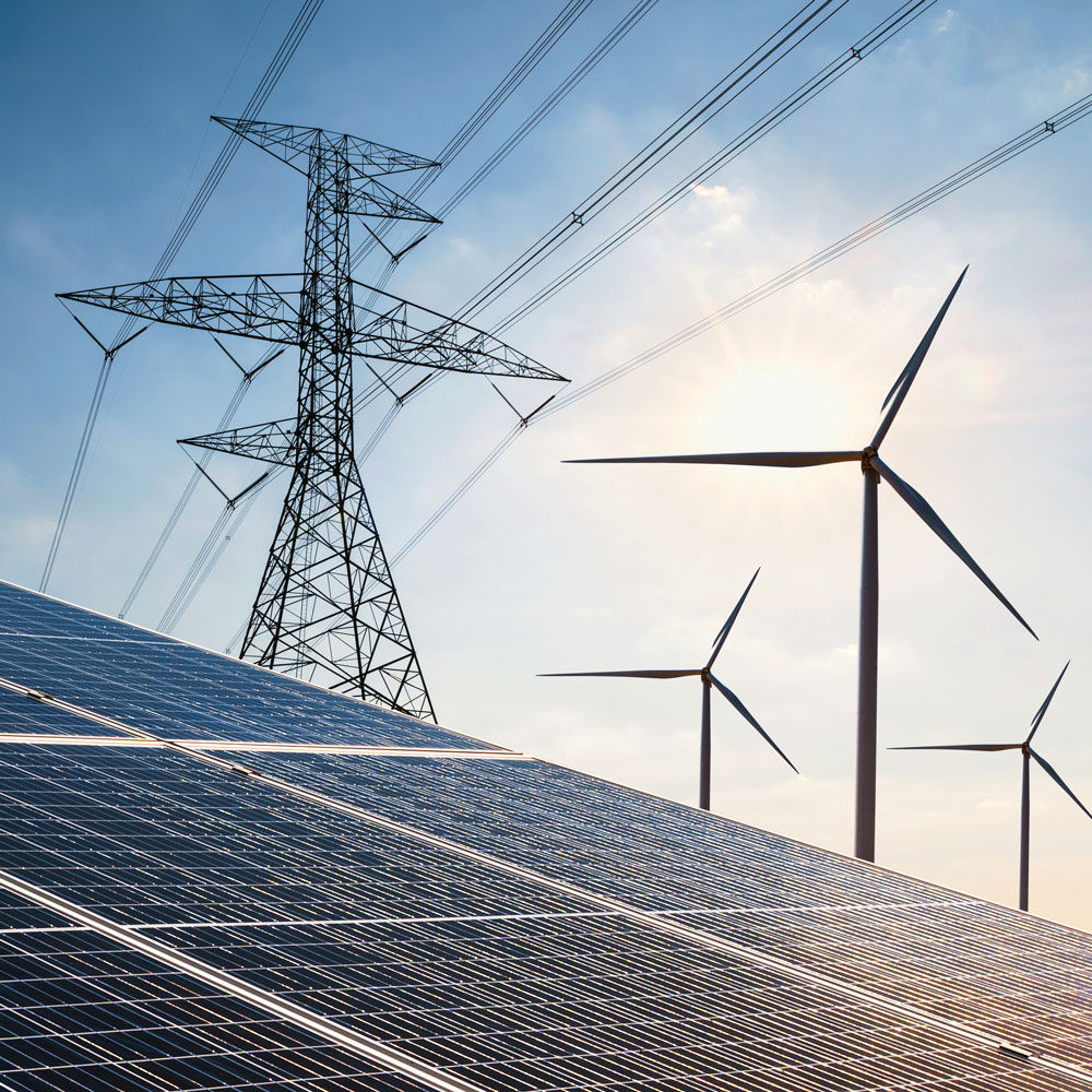 Solar power, wind power, and power lines.