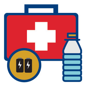 Emergency kit, batteries, water