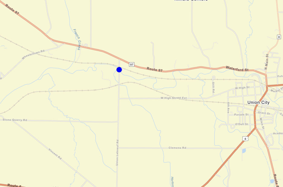Map showing the location of the Union LeBoeuf Road bridge