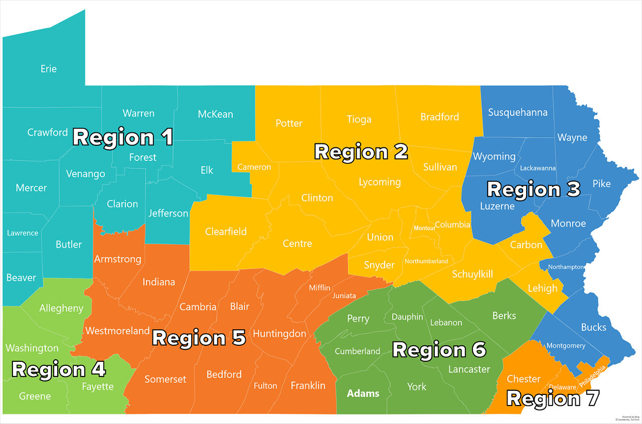 Employer Service Center Regional Map Outlined Below