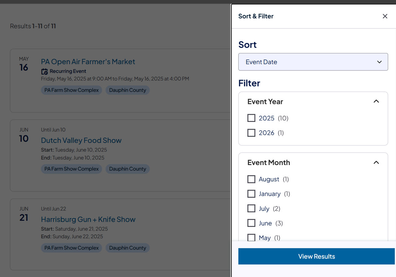 Farm Show's calendar Search Hub, which uses Event Cards