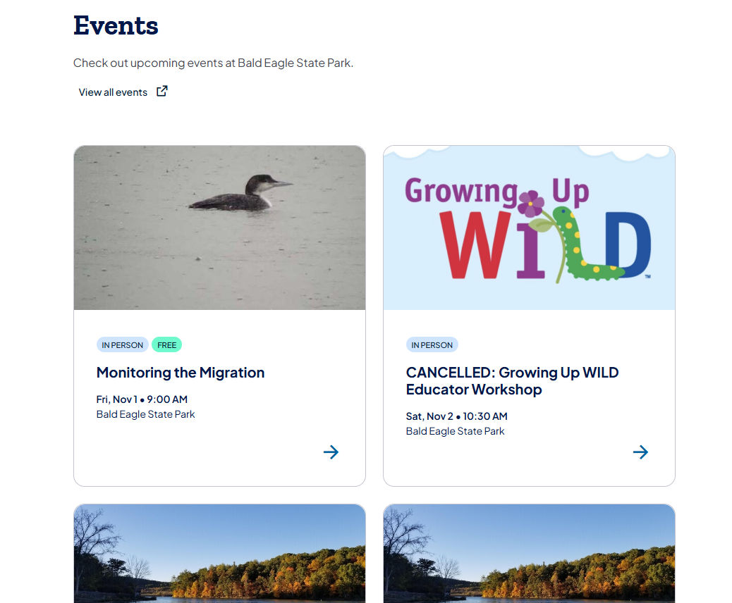 Events Reference component showing upcoming events for Bald Eagle State Park.