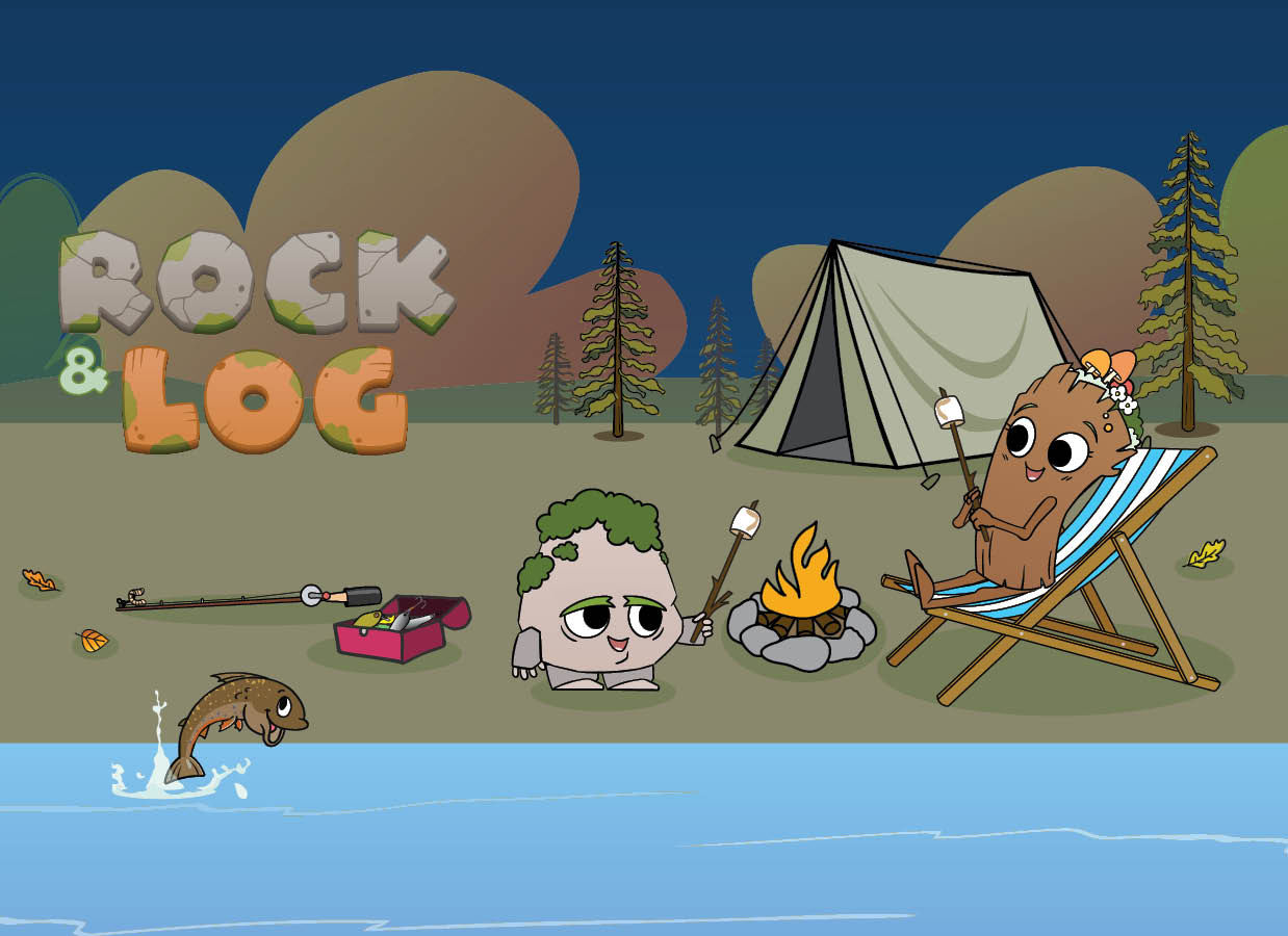 Animated characters, Rock and Log, enjoying marshmallows by a campfire and campsite situated along a forest stream.