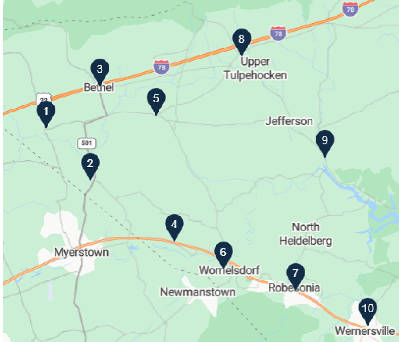 Map shows 10 locations of fire departments in Pennsylvania.