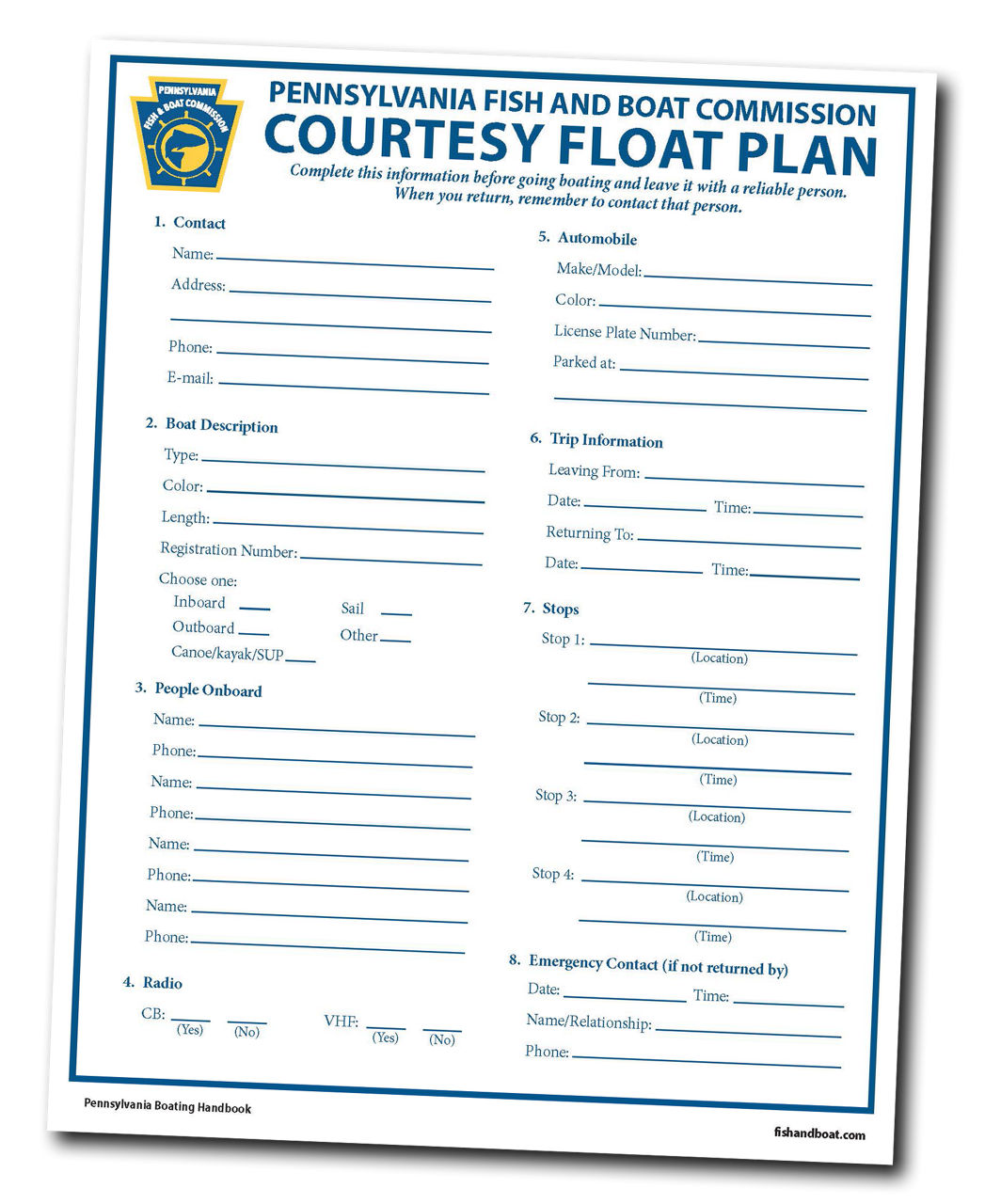 Image of a PFBC Courtesy Float Plan which is recommended to complete and leave with someone so they know your whereabouts when out paddling.