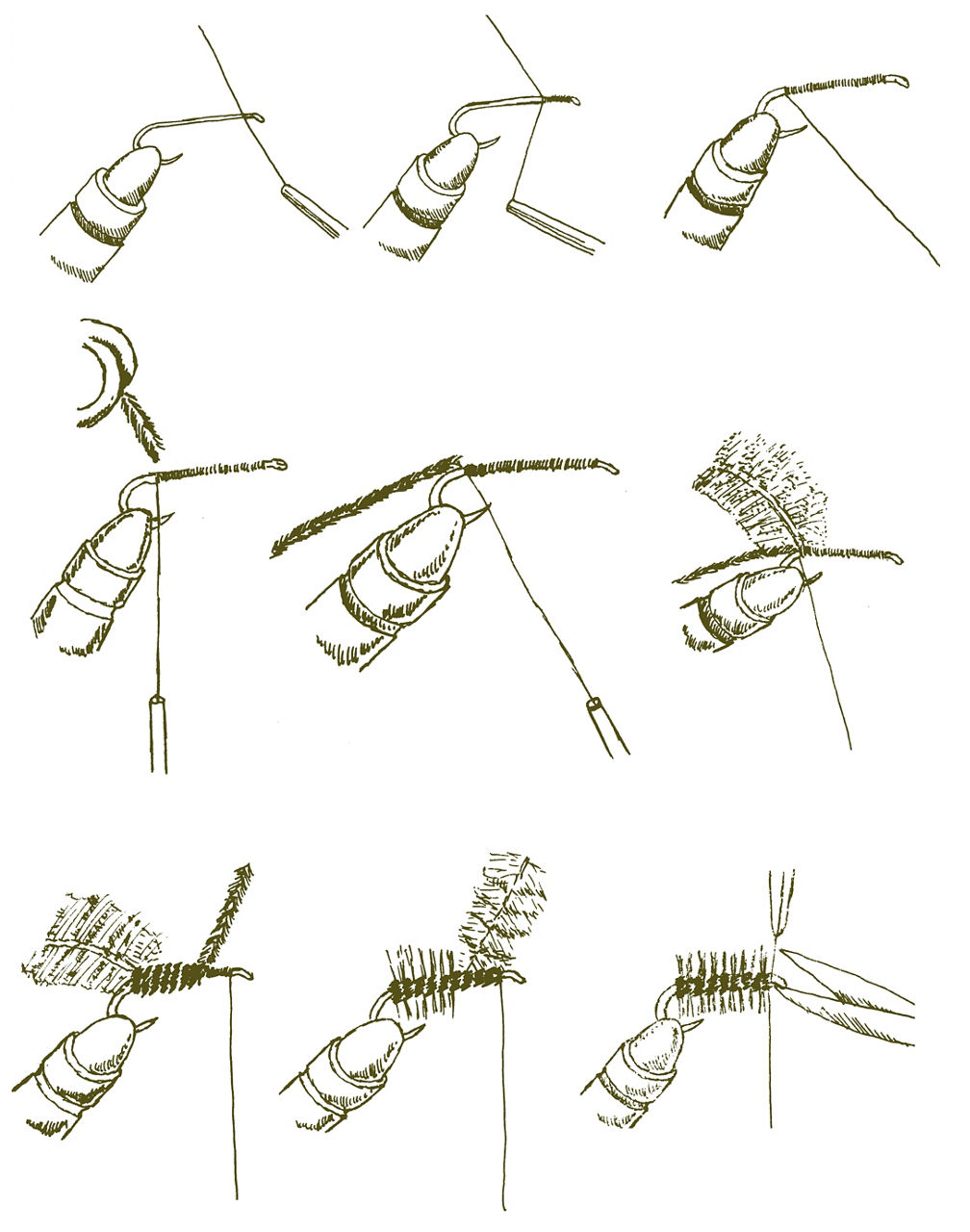 Drawing of steps on how to tie a Woolly Worm fly