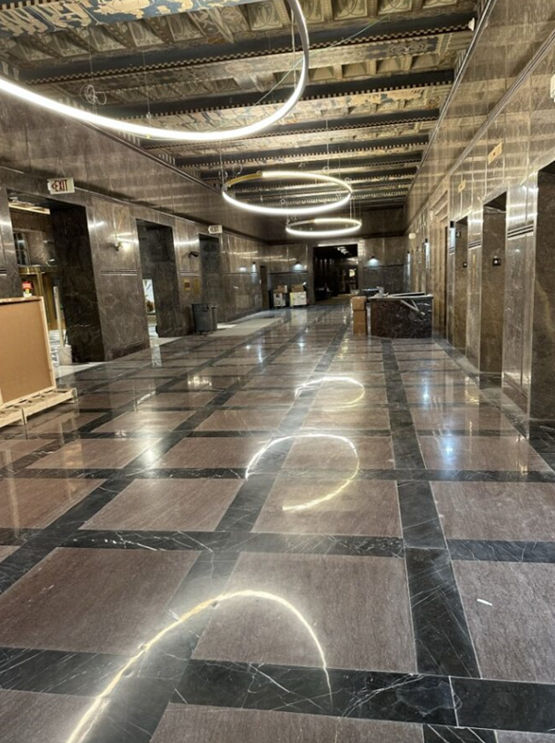 View of the lobby entrance of the Forum Building.