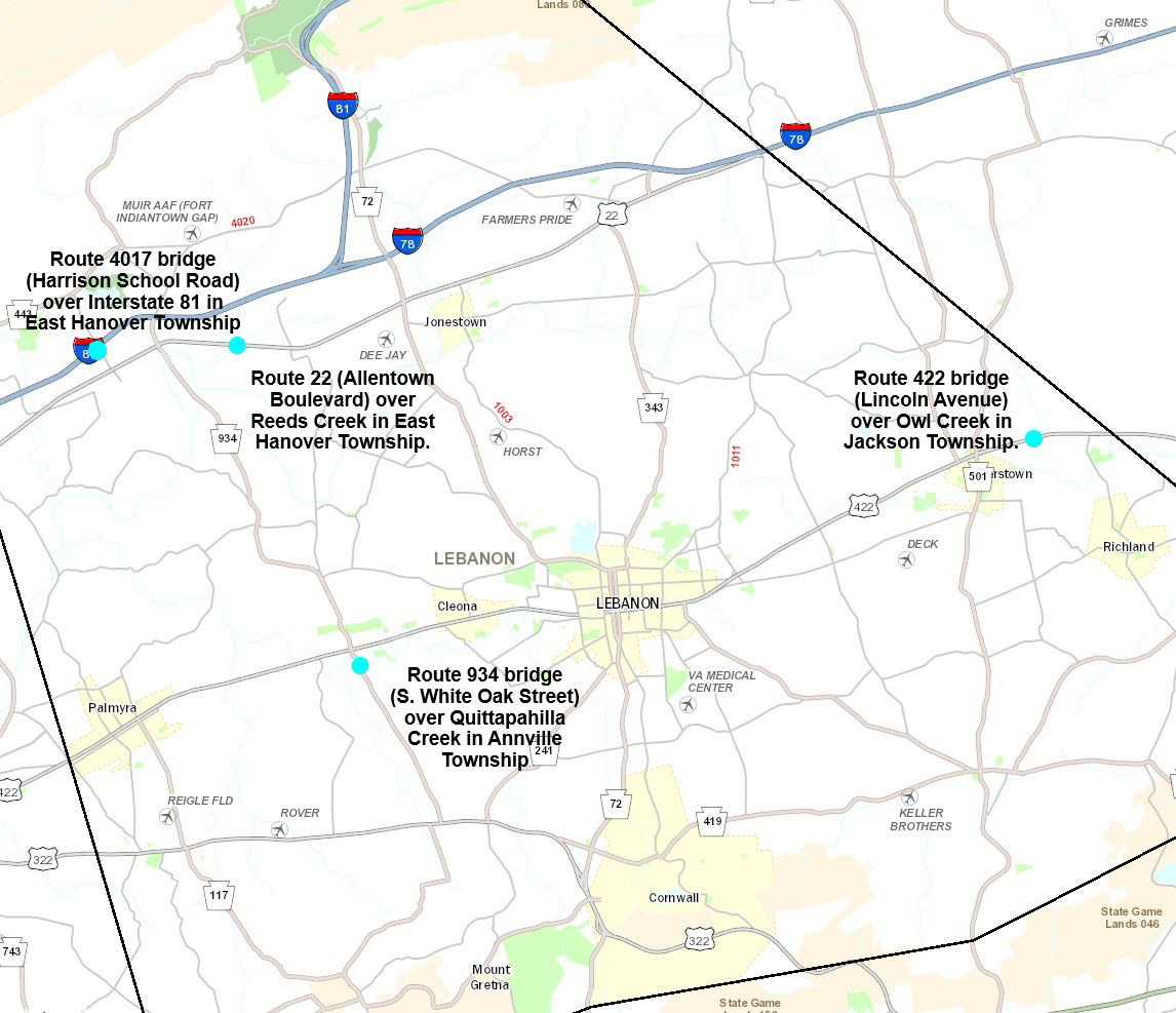 Map shows location of four bridges to be bid for a single bridge rehabilitation contract in Lebanon County.  The bridge project is open for public comment through April 16, 2026.