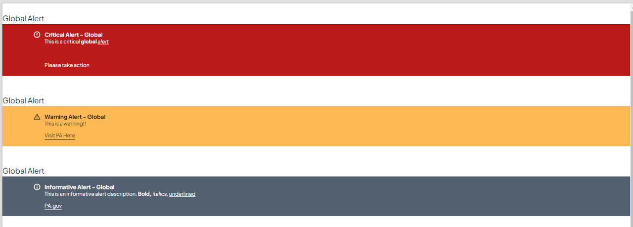 Screenshots of Informative, Warning, and Critical styles of Global Alert.