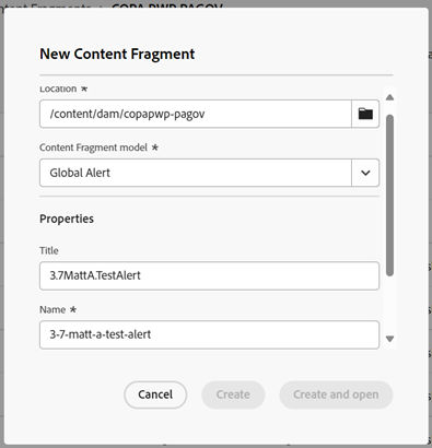 Property fields of new global alert content fragment