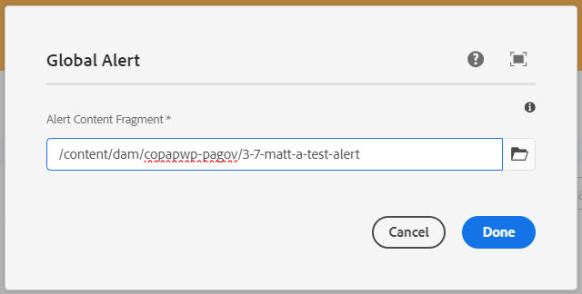 Global Alert component authoring dialog, with pathfinder field filled