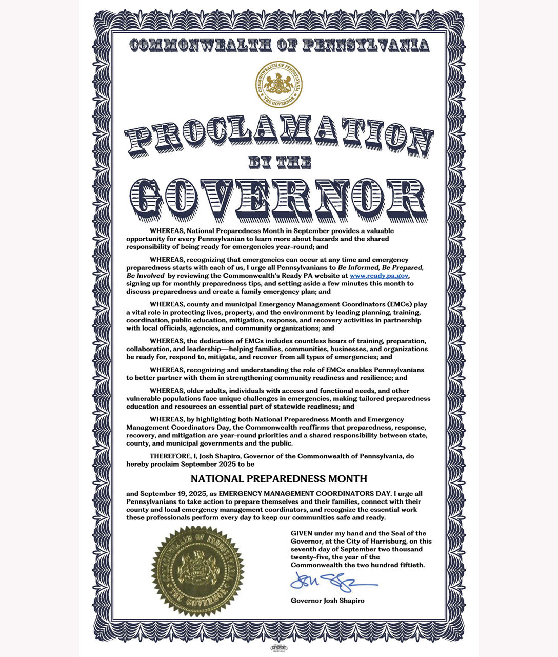 Official proclamation from the governor's office.