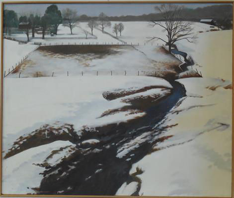 Snow-covered rural landscape with winding stream.