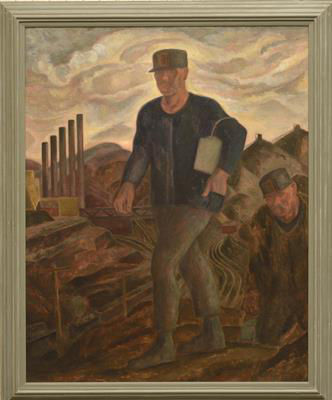 Two workers in industrial landscape painting.