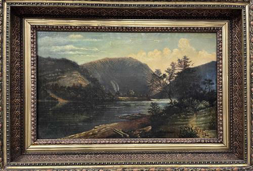 Framed landscape painting of river and mountains