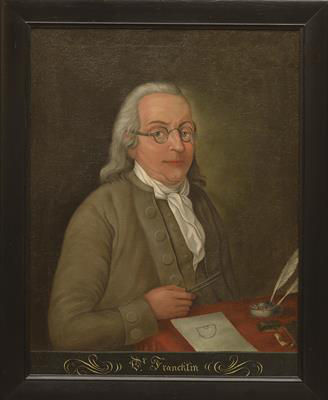 Historical portrait of seated figure with quill and paper