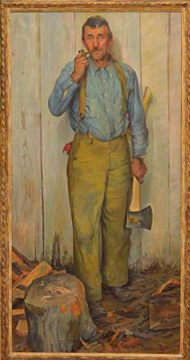 Man with axe standing by chopped wood.