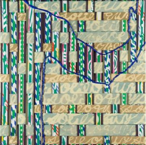 Abstract geometric collage with blue line human shape.