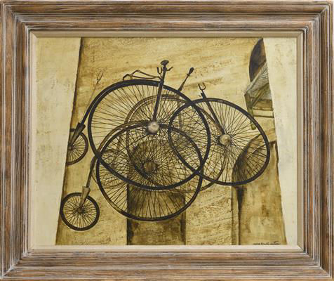 Surreal painting of overlapping vintage bicycle wheels.