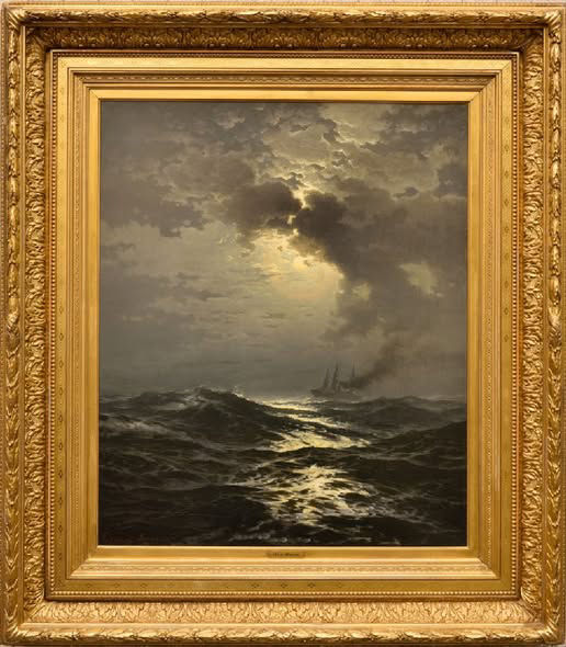 Dramatic seascape painting with stormy sky and ships.