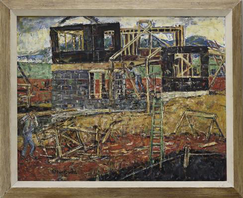 Framed painting of house construction site with workers.