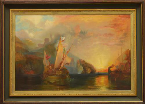Sunset seascape with ancient sailing ships and rocky cliffs.