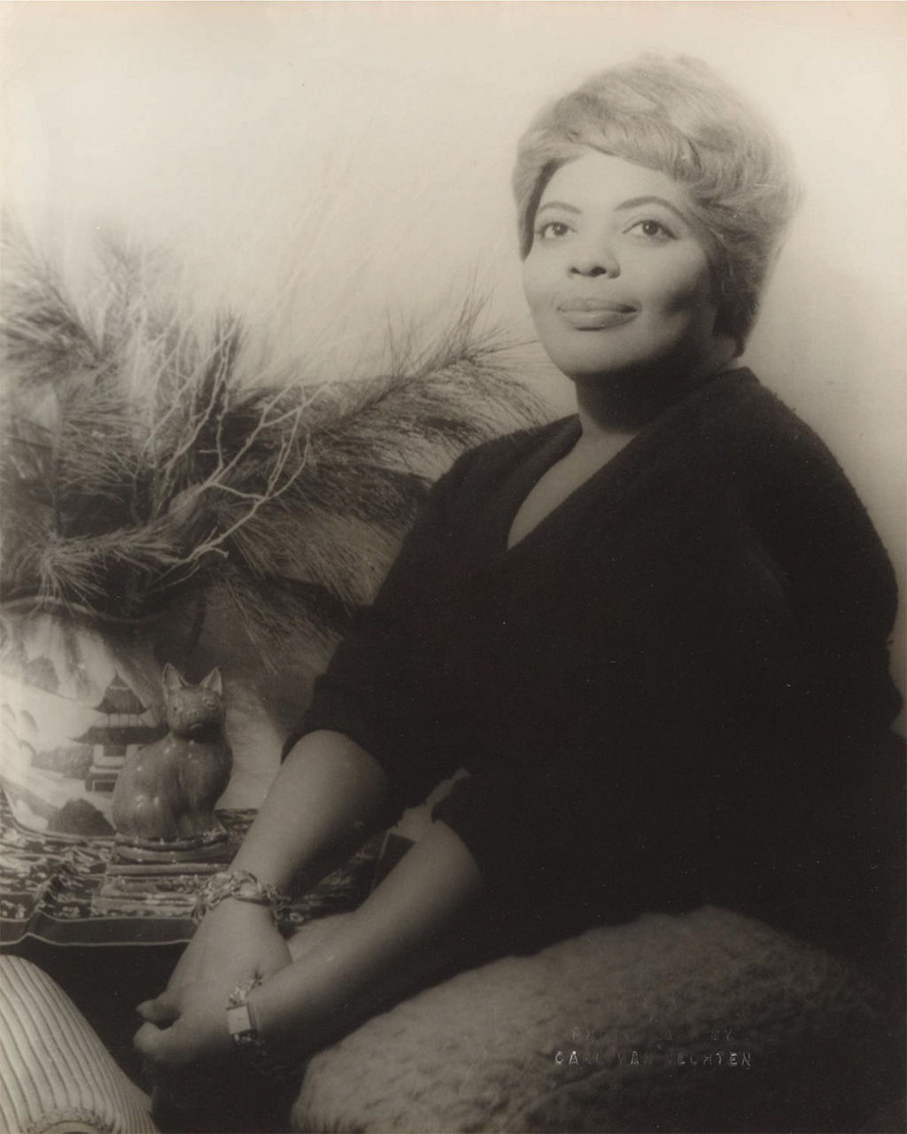 Vintage portrait of seated woman with decor