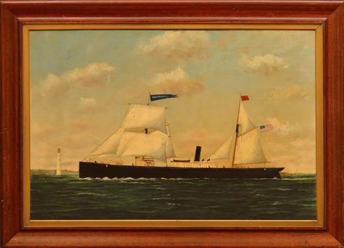 Framed painting of steamship at sea with lighthouse.