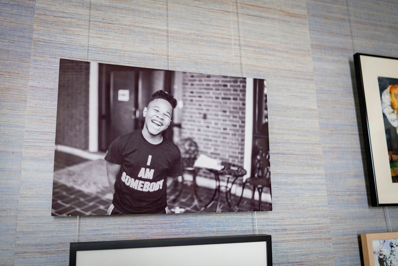 Black and white portrait with inspirational t-shirt text