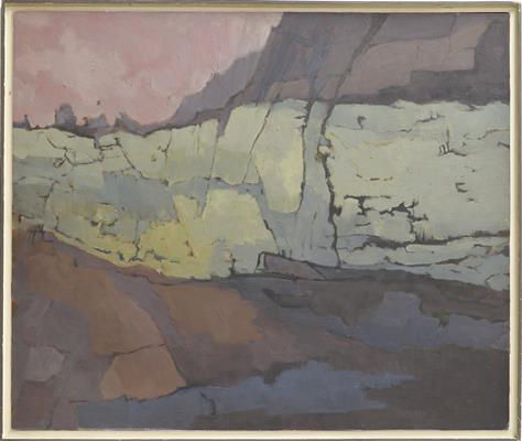 Abstract landscape painting with muted earth tones.