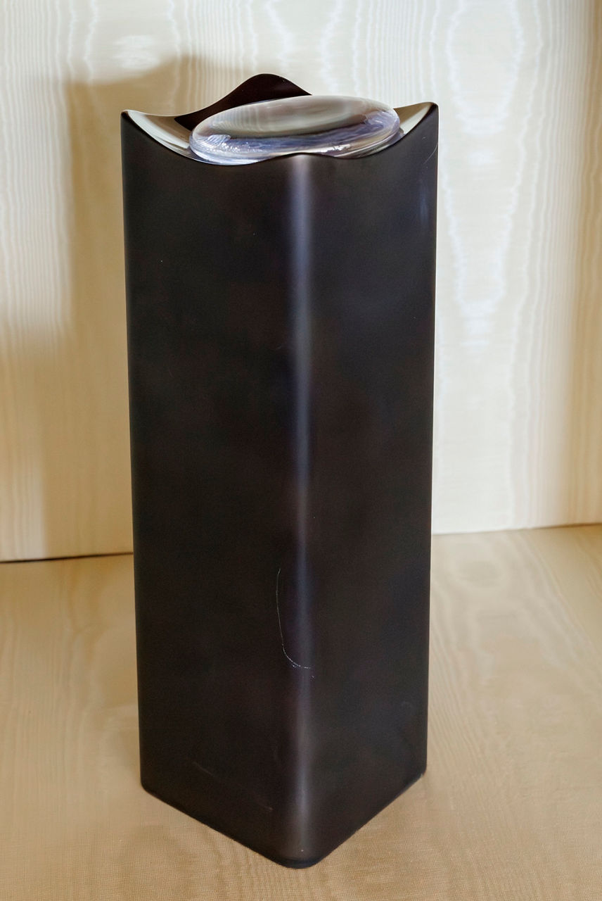 Tall, rectangular black vase with a rounded glass top.
