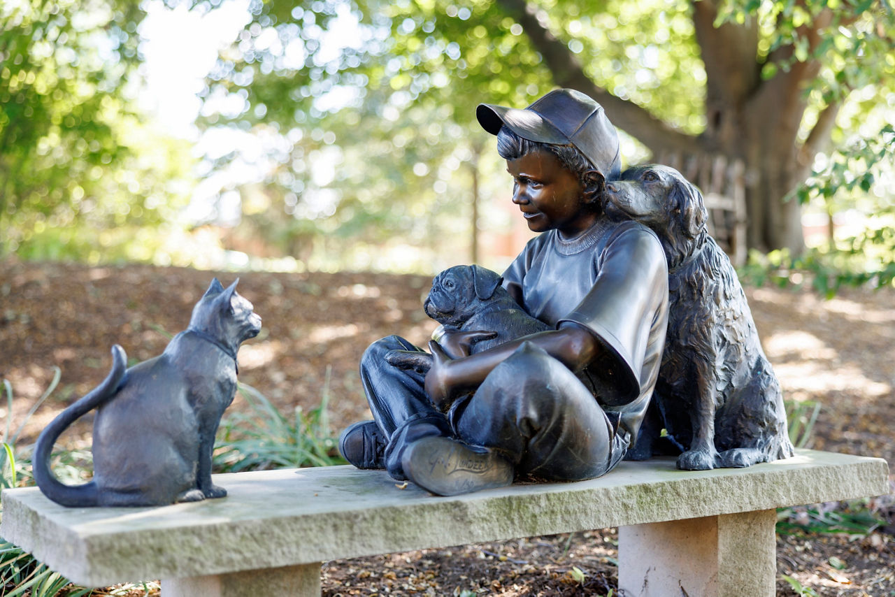 Bronze statue of a smiling boy on a bench, hugging a puppy, with a friendly dog beside him and a cat in front. Sunlit, leafy background.
