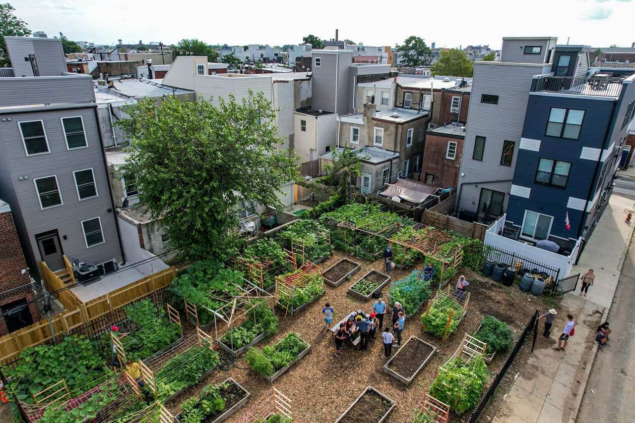 An arial image of Growing Home Gardens Mercy Street in Philadelphia, Pennsylvania.