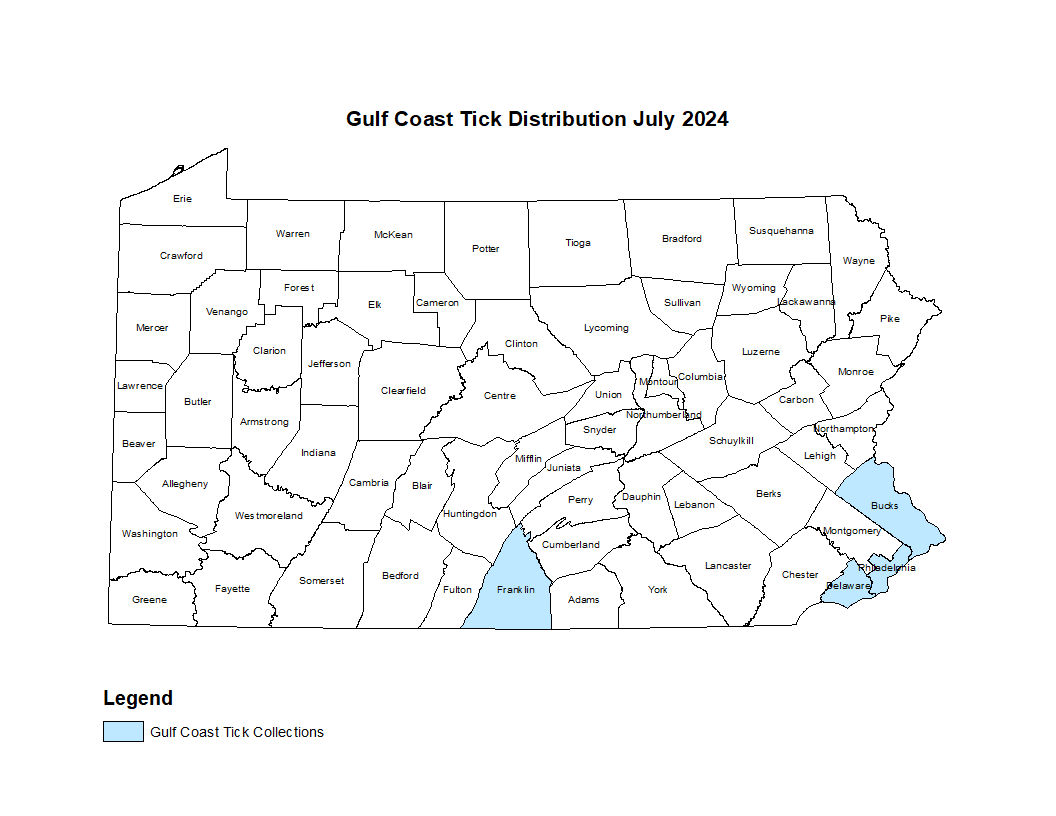 2024 Map showing distribution of Gulf Coast Tick in PA