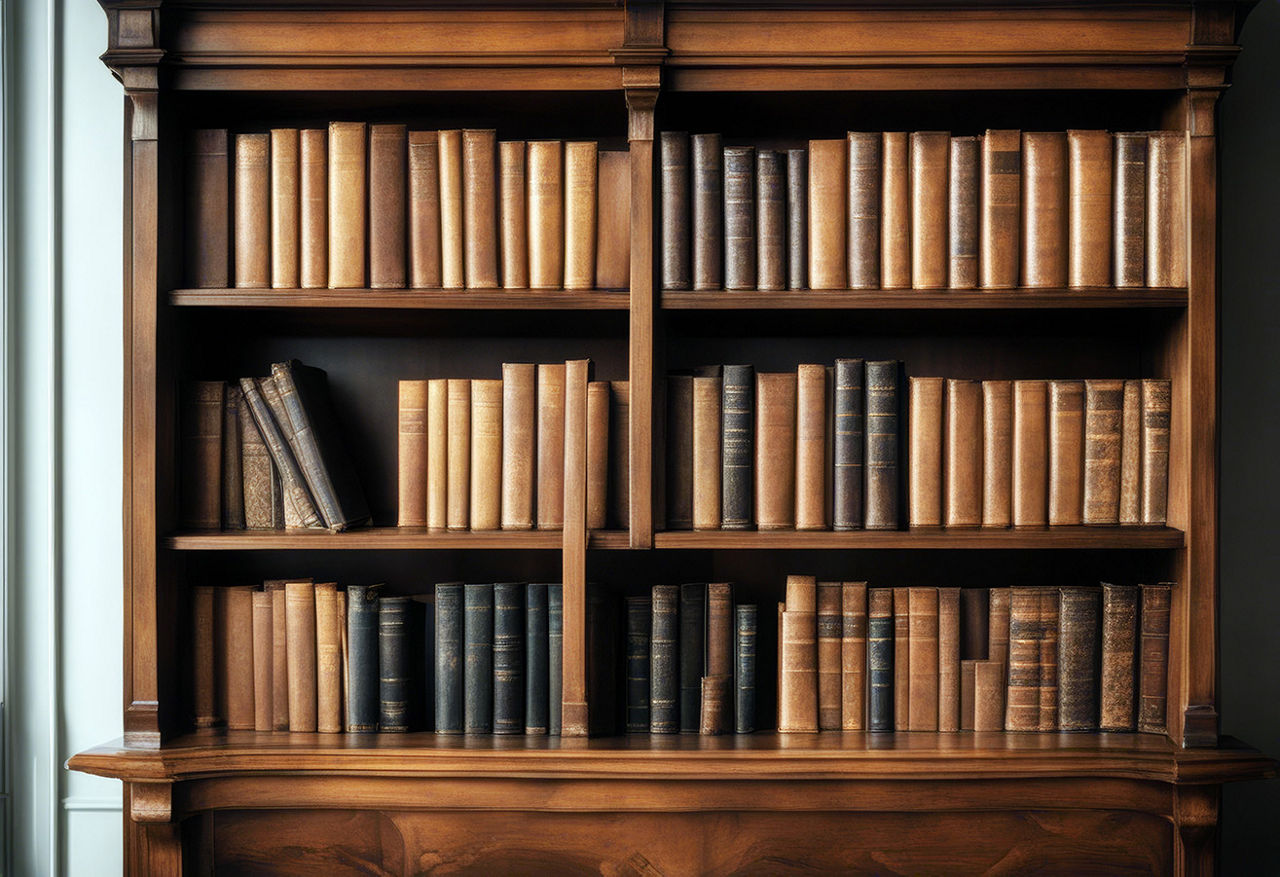 A wooden bookshelf full of books