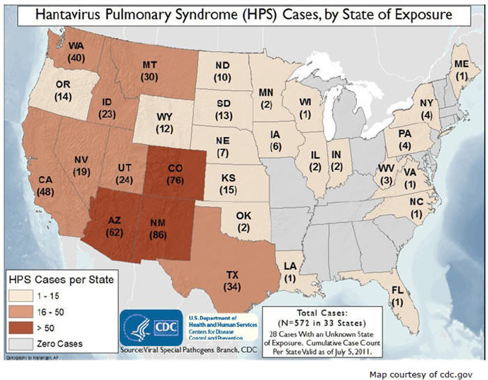 Map of Hantavirus Pulmonary Syndrome cases by state of exposure