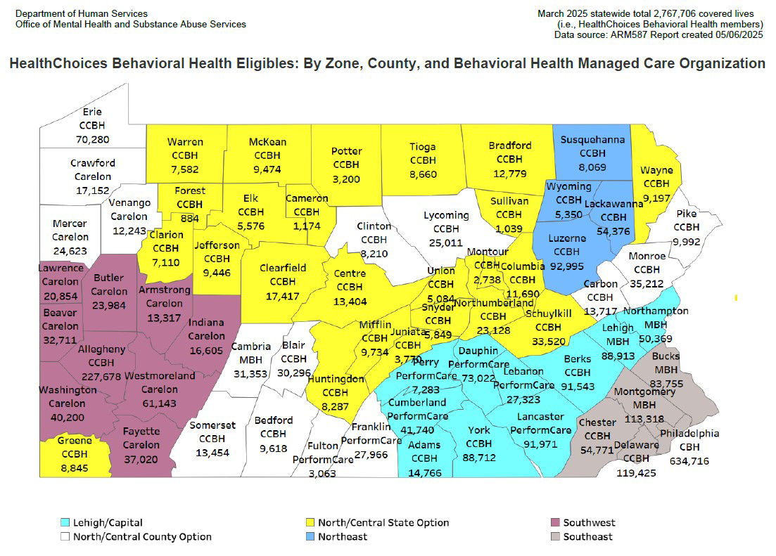 HealthChoices Behavioral Health Eligibles Map - see data table below for details
