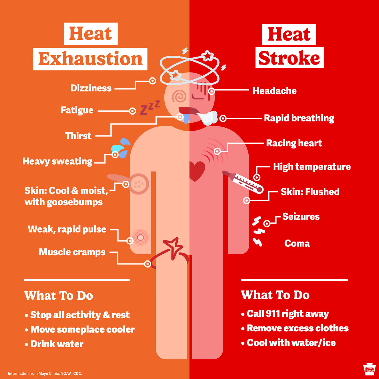 Heat exhaustion: Dizziness, fatigue, thirst, heavy sweating. Stop all activity and rest. Move someplace cooler. Drink water. Heat stroke: Headache, rapid breathing, high temperature. What to do: Call 911 right away. Remove excess clothes. Cool with water and ice.