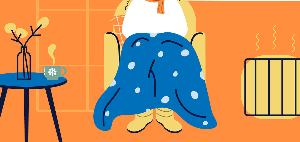 Illustration of a person's legs covered with a blanket next to a warm cup of tea and a heater.