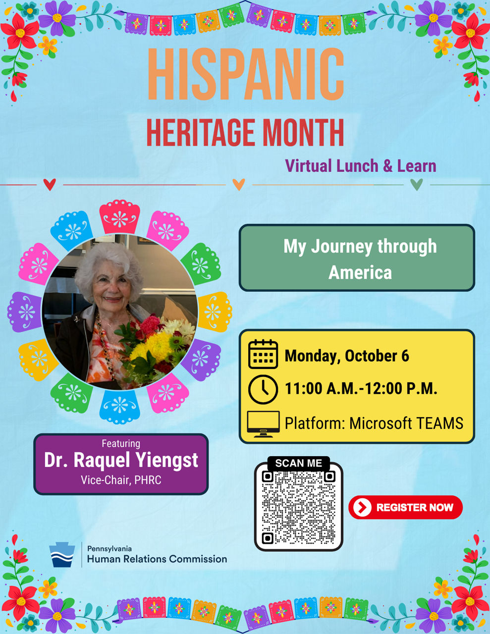 flyer for virtual Hispanic Heritage Month event featuring Dr. Raquel Yiengst 