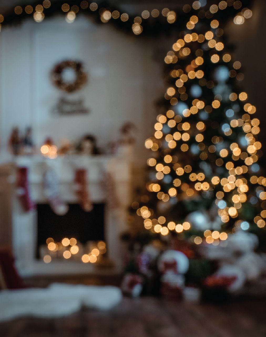 Christmas lights in a cozy living room.